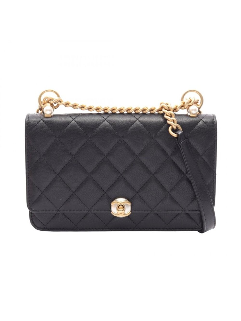 Chanel Shoulder Bag Quilted Black Lambskin Coco Pearl Chain Wallet